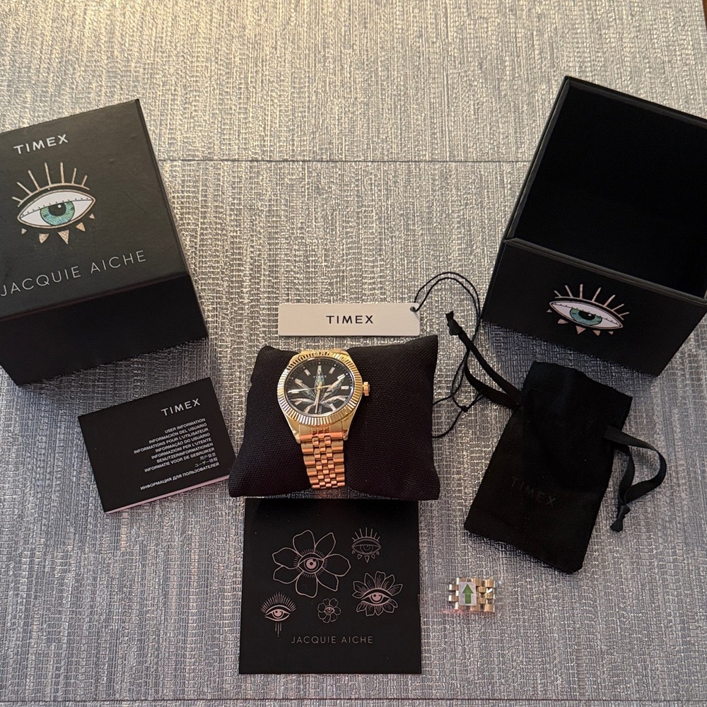 Jacquie Aiche Timex Gold Watch with Leaf Design, Box w/Extra Links Included